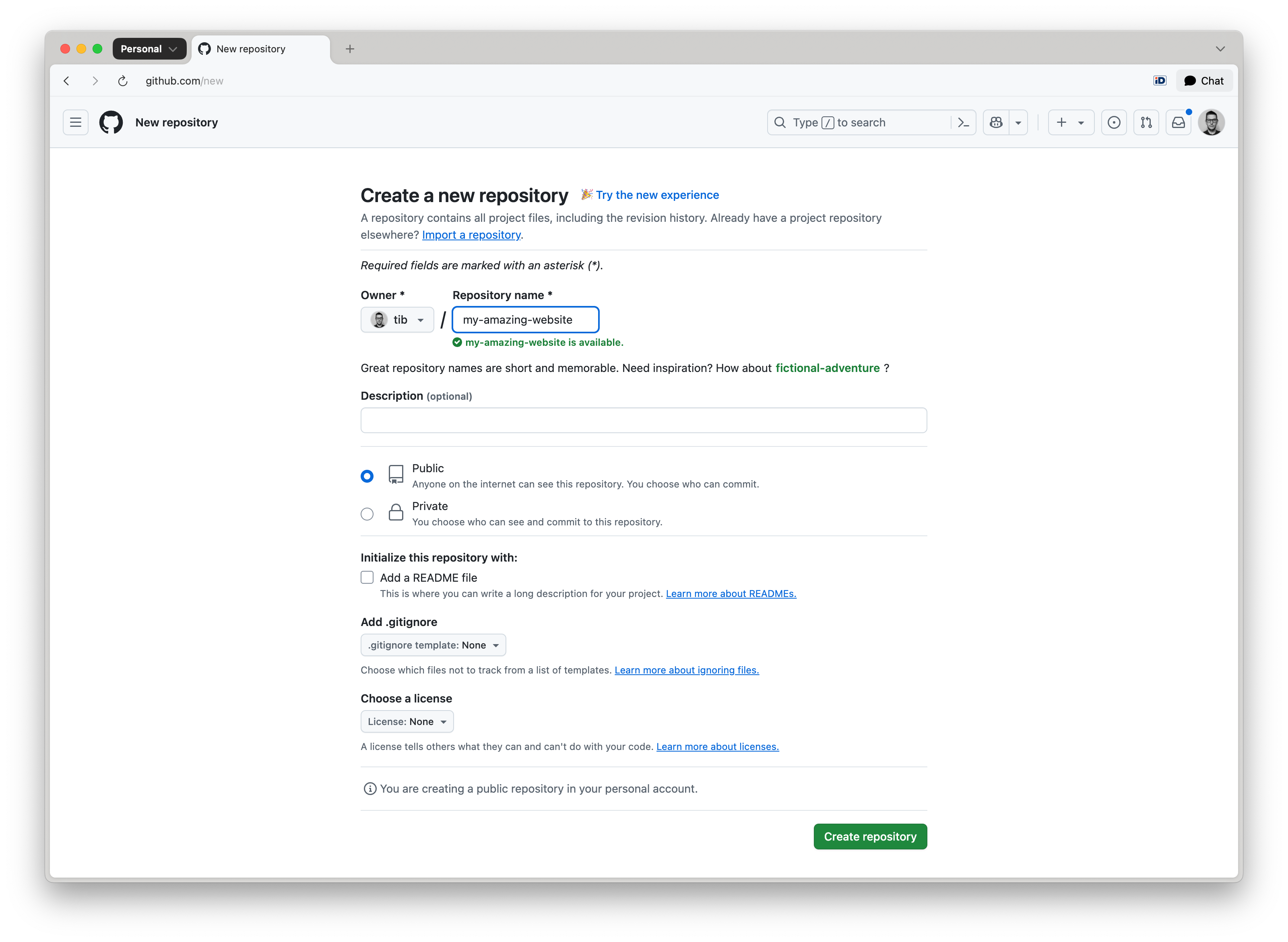GitHub enter repository name