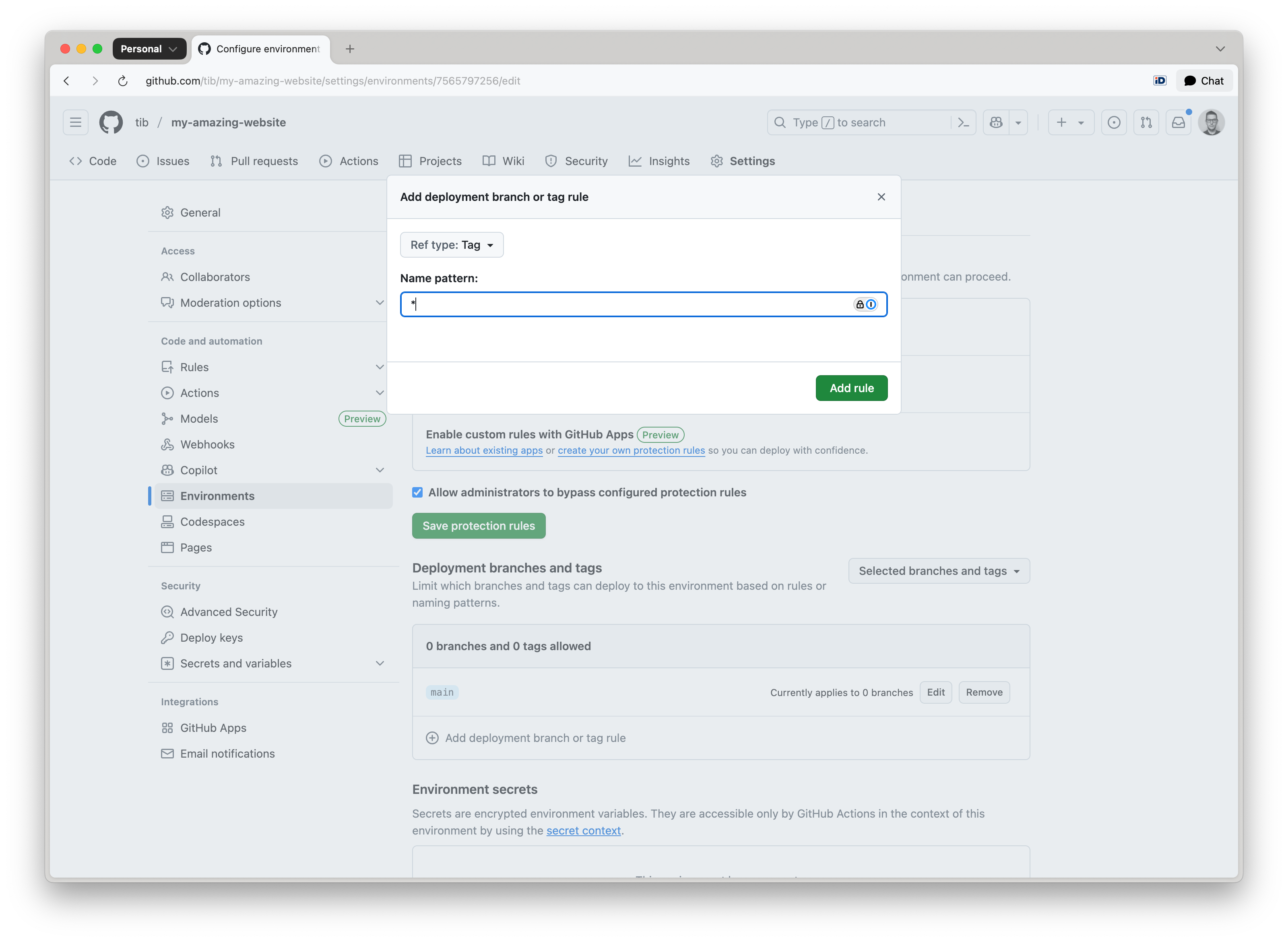 GitHub environment rule