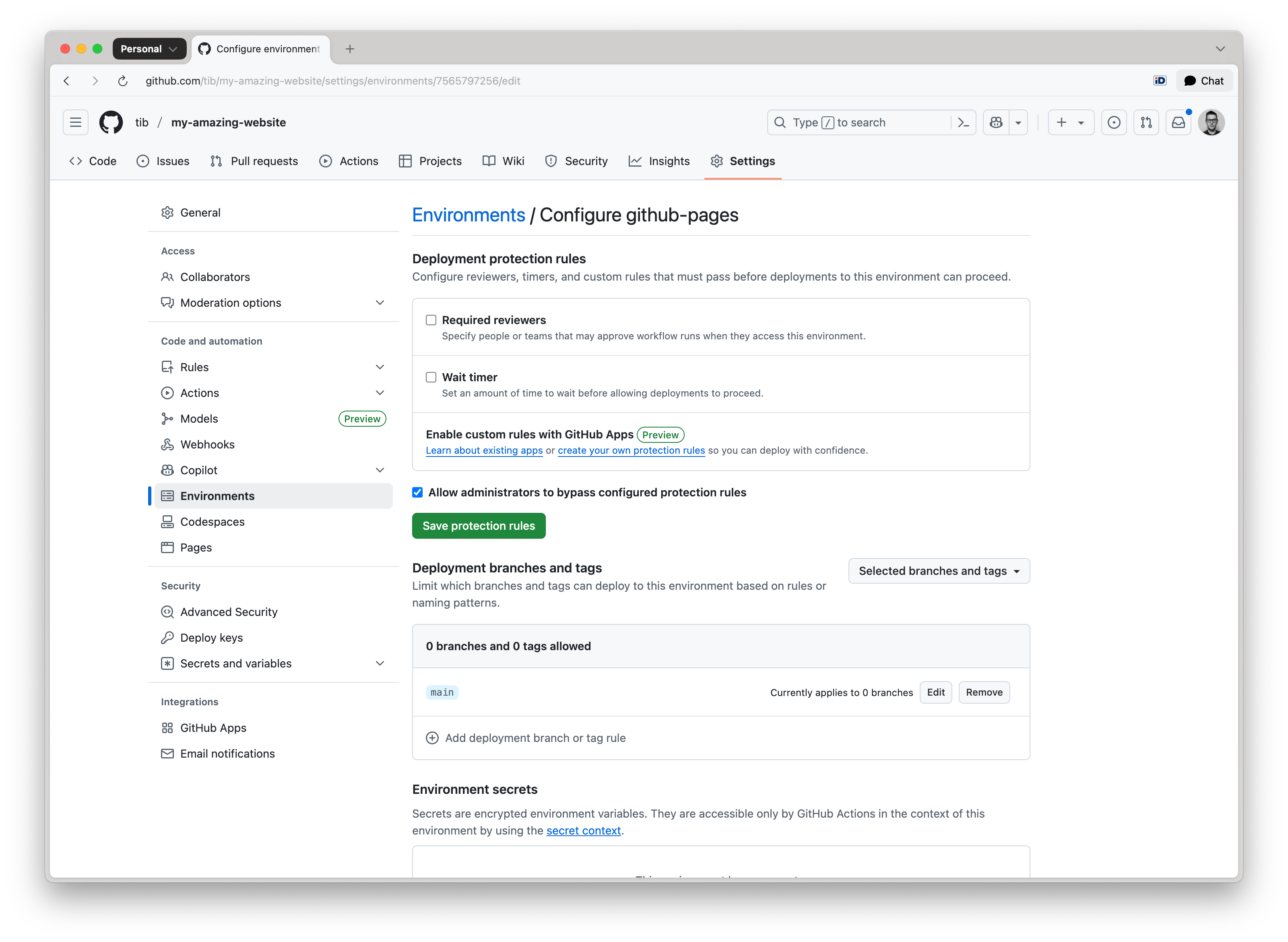 GitHub settings environments